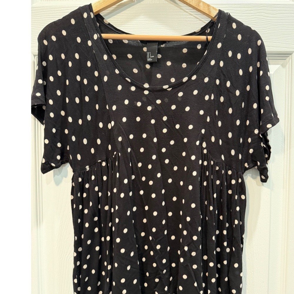 HM Black White Polka Dot Babydoll Top Short Sleeve Scoop Neck Viscose Small